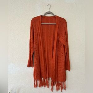 Boho Burnt Orange Fringe Cardigan , Open Knit Festival Sweater Size S